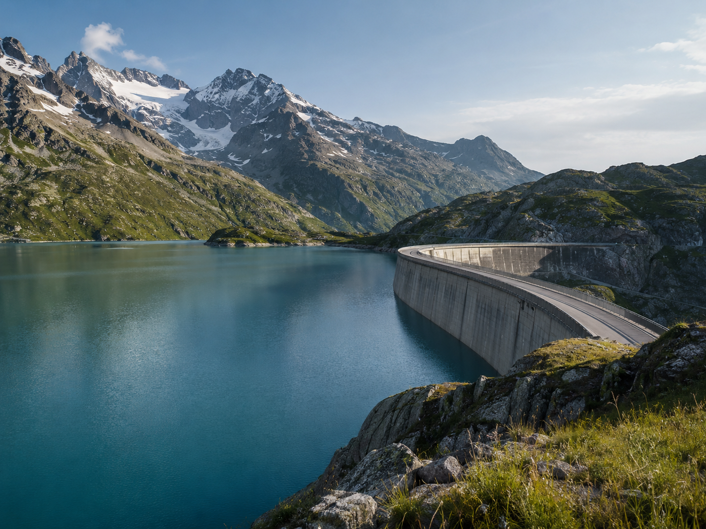 Alpine reservoir and dam in the Swiss mountains