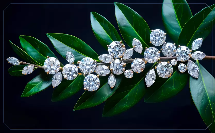 Polished diamonds set along a branch of green leaves
